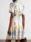 Delicate Belted Floral Print Mini Shirt Dress