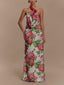 Romance Elegance Rose Printed Applique Cowl Neck Maxi Dress