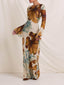 Simple Unique Plant Pattern Print Back Hollow Out Maxi Dress
