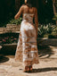 Exquisite Linen Blend Unique Print Round Hollow Trim Tie-up Bust Slip Maxi Dress