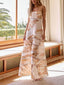 Exquisite Linen Blend Unique Print Round Hollow Trim Tie-up Bust Slip Maxi Dress