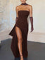 Elegant Bandeau Neck Slit Party Maxi Dress