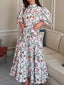 Stand Collar Puff Sleeve Print Dress