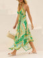 Elegant Off-Shoulder V-Neck Suspender Print Swing Dress