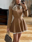 Elegant Lace Panel High Waist Long Sleeve Mini Dress